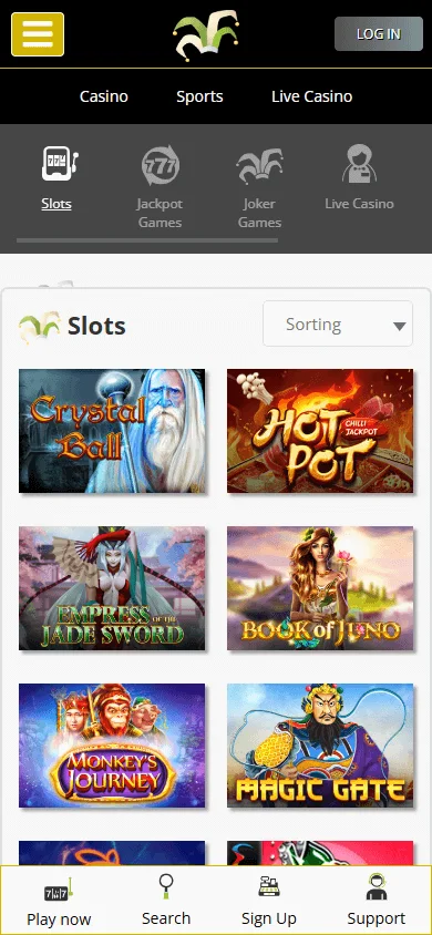 Joker Casino games page on a mobile browser