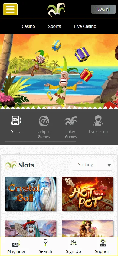 Joker Casino home page on a mobile browser