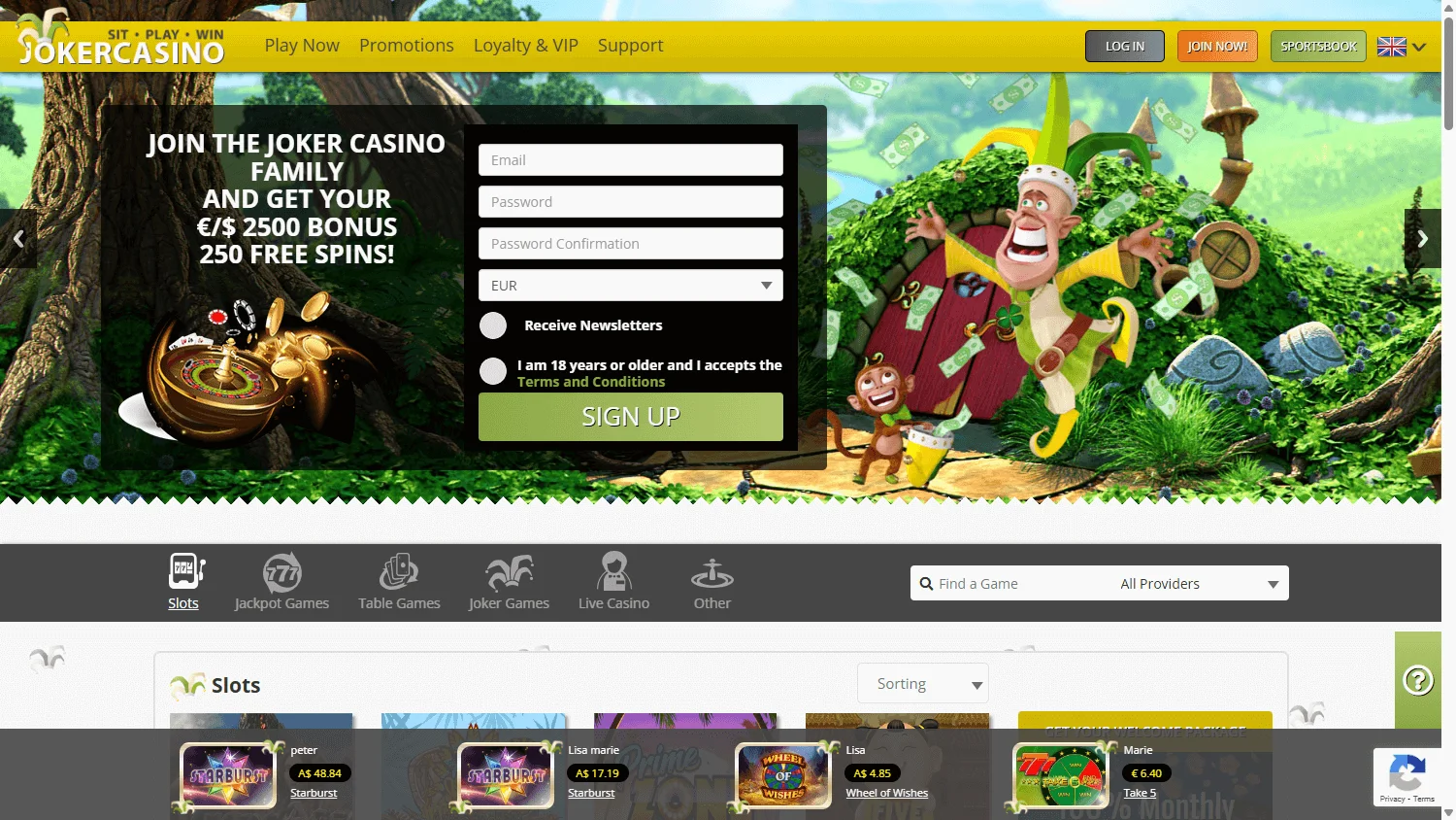 Joker Casino home page on desktop