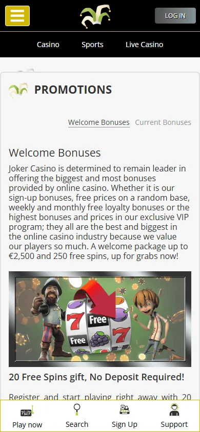 Joker Casino promotions page on a mobile browser