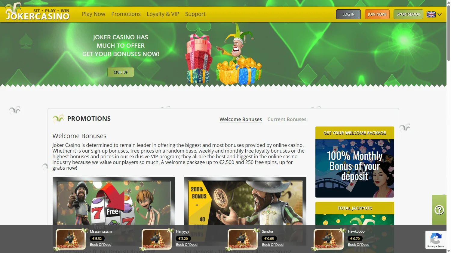 Joker Casino promotions page on desktop